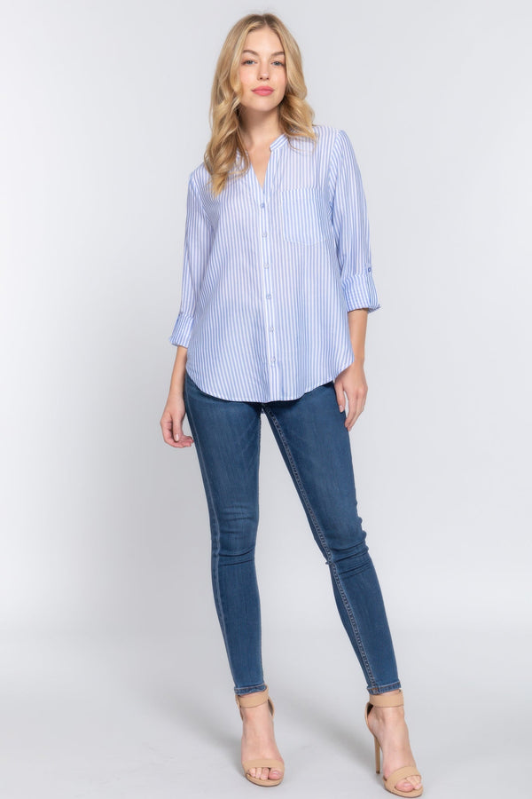 Long Sleeve Split Round Neck Stripe Woven Shirt - Women's shirt - SmartBuyApparel