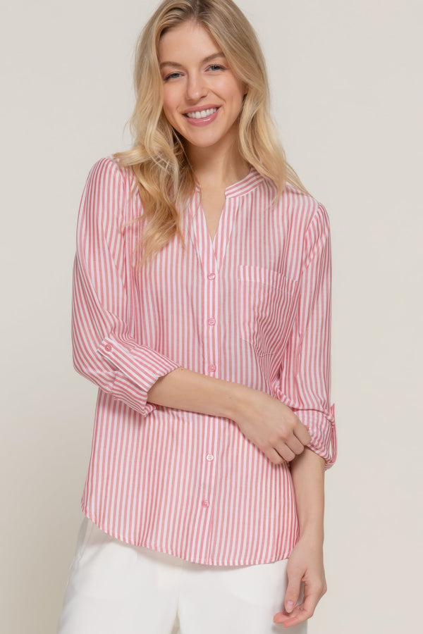 Long Sleeve Split Round Neck Stripe Woven Shirt - Women's shirt - SmartBuyApparel