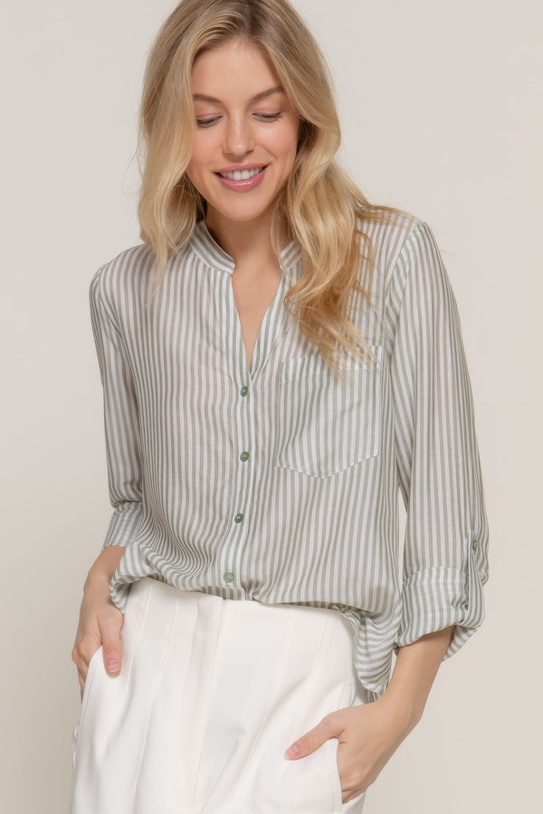 Long Sleeve Split Round Neck Stripe Woven Shirt - Women's shirt - SmartBuyApparel