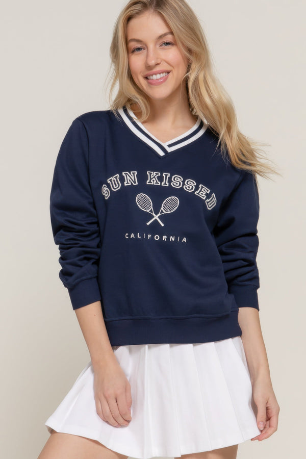 Long Sleeve V - neck Embroidered Sweatshirt - sweatshirt - SmartBuyApparel