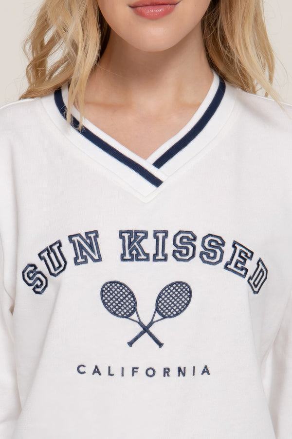 Long Sleeve V - neck Embroidered Sweatshirt - sweatshirt - SmartBuyApparel