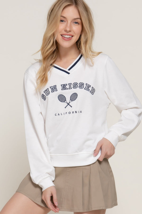 Long Sleeve V - neck Embroidered Sweatshirt - sweatshirt - SmartBuyApparel