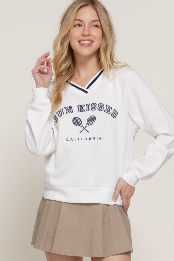 Long Sleeve V - neck Embroidered Sweatshirt - sweatshirt - SmartBuyApparel