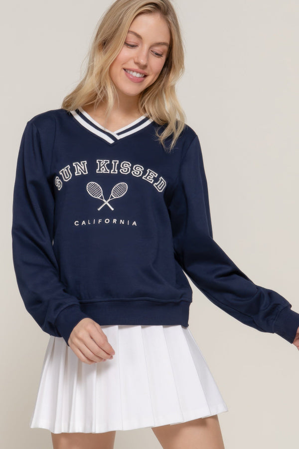 Long Sleeve V - neck Embroidered Sweatshirt - sweatshirt - SmartBuyApparel