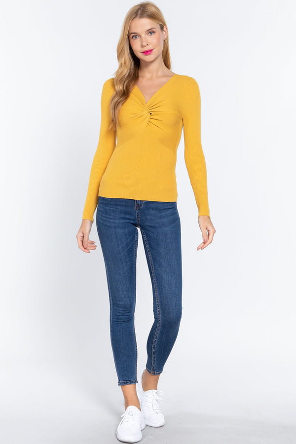 Long Sleeve V - Neck Knotted Sweater - Women's sweater - SmartBuyApparel