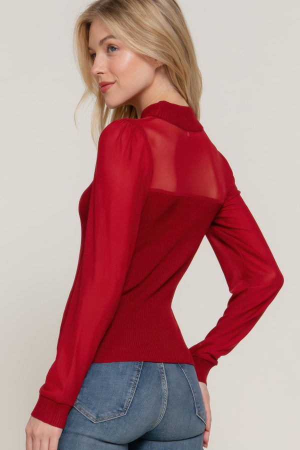 Long Slv Mesh Panel Detail Sweater Top - Top - SmartBuyApparel