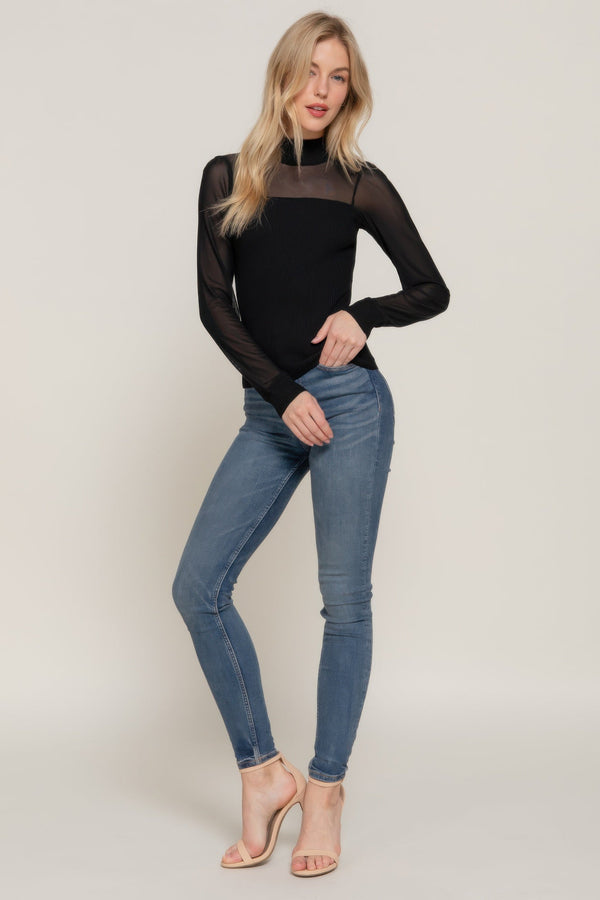 Long Slv Mesh Panel Detail Sweater Top - Top - SmartBuyApparel