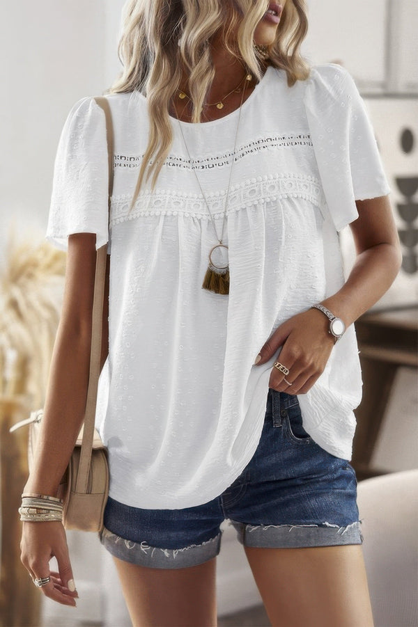 Loose Fit Dot Solid Lace Round Neck Top - | SmartBuyApparel