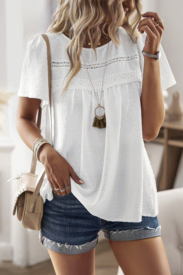 Loose Fit Dot Solid Lace Round Neck Top - | SmartBuyApparel