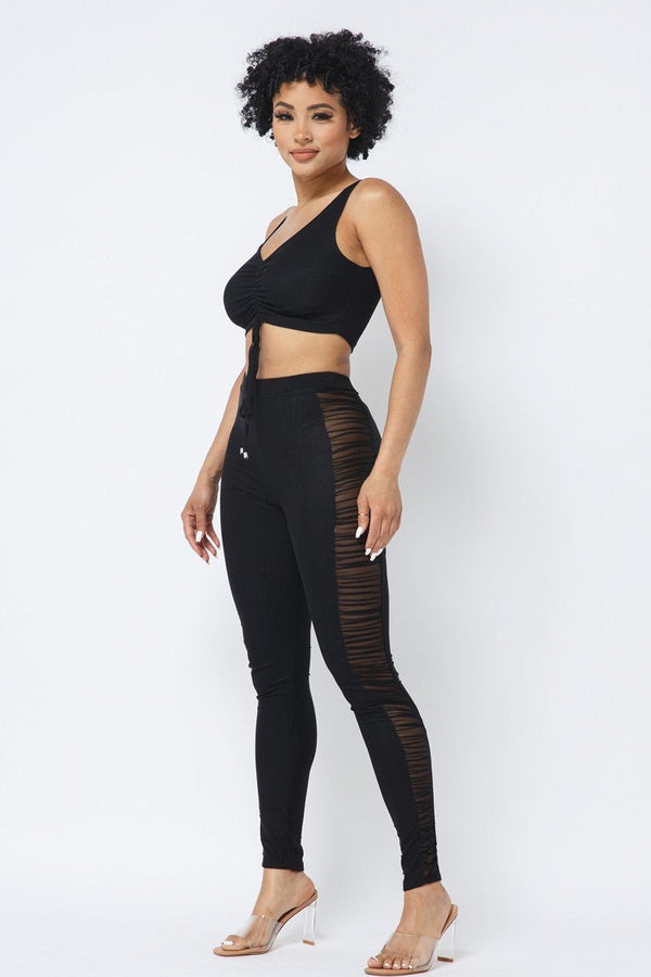 Mesh Strappy Adjustable Ruched Crop Top With Matching See Through Side Panel Leggings - Set - SmartBuyApparel