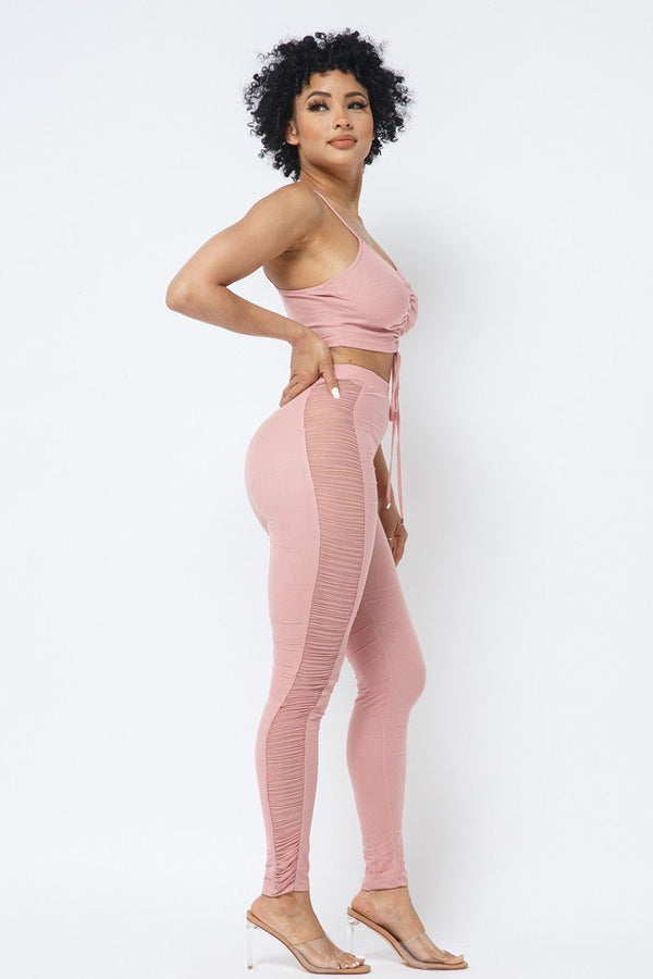 Mesh Strappy Adjustable Ruched Crop Top With Matching See Through Side Panel Leggings - Set - SmartBuyApparel