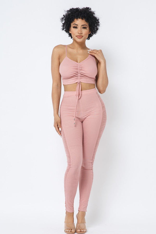 Mesh Strappy Adjustable Ruched Crop Top With Matching See Through Side Panel Leggings - Set - SmartBuyApparel