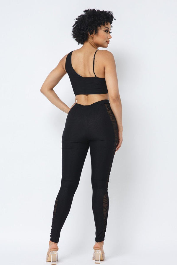 Mesh Strappy Adjustable Ruched Crop Top With Matching See Through Side Panel Leggings - Set - SmartBuyApparel