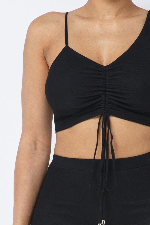 Mesh Strappy Adjustable Ruched Crop Top With Matching See Through Side Panel Leggings - Set - SmartBuyApparel