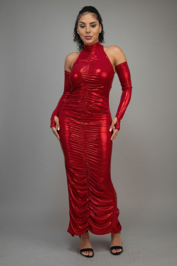 Metallic Ruched Dress With Sleeves - Dress - SmartBuyApparel