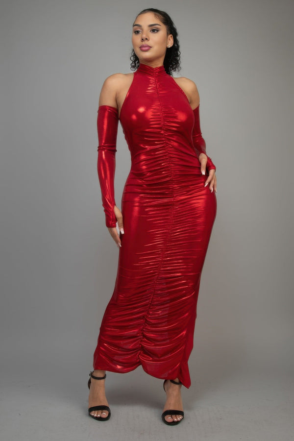 Metallic Ruched Dress With Sleeves - Dress - SmartBuyApparel