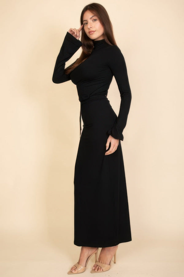 Mock Neck Bell Sleeve Crop Top & Maxi Skirt Set - Dress - SmartBuyApparel