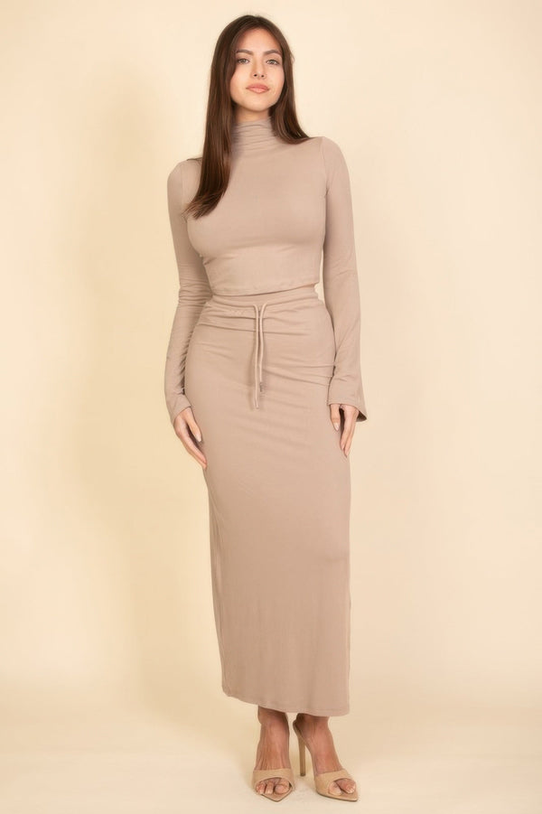 Mock Neck Bell Sleeve Crop Top & Maxi Skirt Set - Dress - SmartBuyApparel