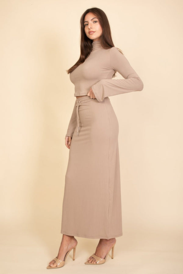 Mock Neck Bell Sleeve Crop Top & Maxi Skirt Set - Women's set - SmartBuyApparel