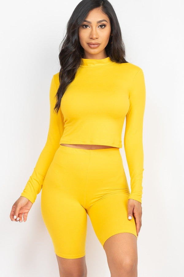 Mock Neck Top & Biker Shorts Set - Women's shorts - SmartBuyApparel