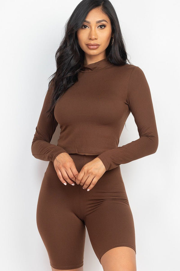 Mock Neck Top & Biker Shorts Set - Women's shorts - SmartBuyApparel