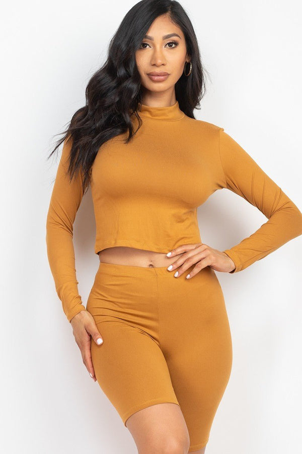 Mock Neck Top & Biker Shorts Set - Women's shorts - SmartBuyApparel