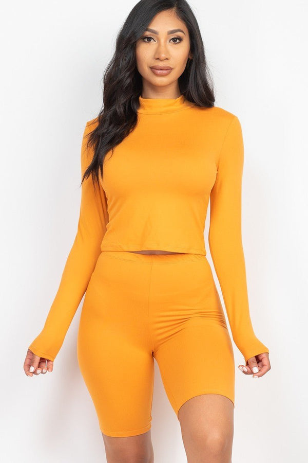 Mock Neck Top & Biker Shorts Set - Women's shorts - SmartBuyApparel