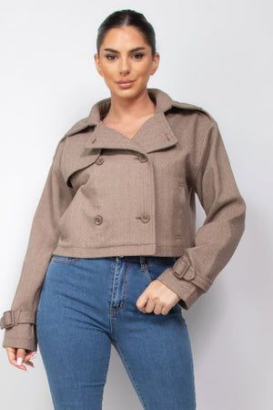 Notch Buckled Sleeve Crop Trench Coat - | SmartBuyApparel