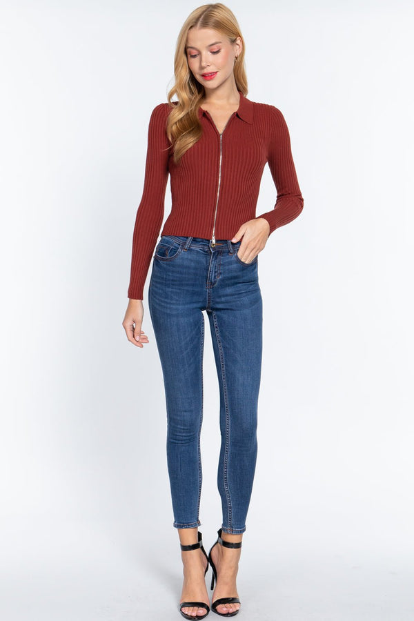 Notched Collar Zippered Sweater - Women's sweater - SmartBuyApparel