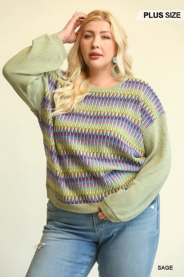 Novelty Knit And Solid Knit Mixed Loose Top With Drop Down Shoulder - Women's top - SmartBuyApparel