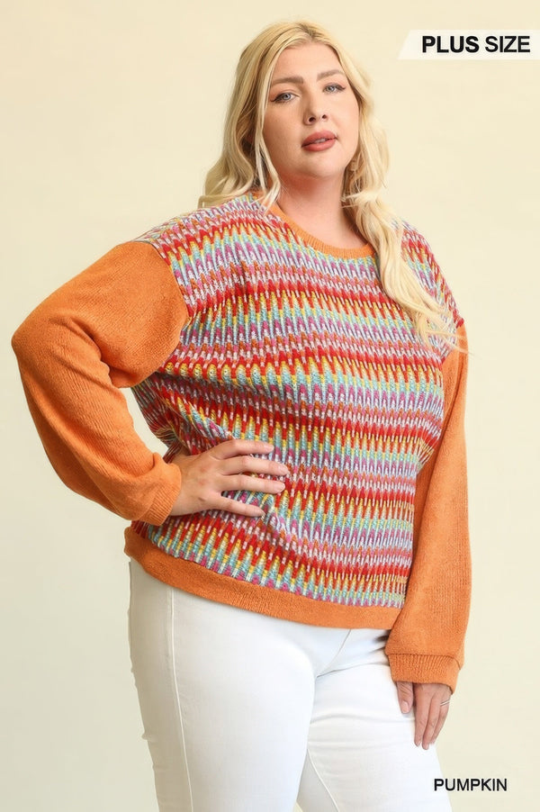 Novelty Knit And Solid Knit Mixed Loose Top With Drop Down Shoulder - Women's top - SmartBuyApparel