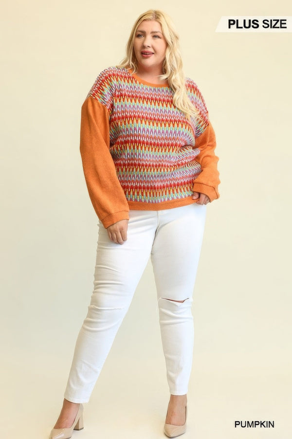 Novelty Knit And Solid Knit Mixed Loose Top With Drop Down Shoulder - Women's top - SmartBuyApparel