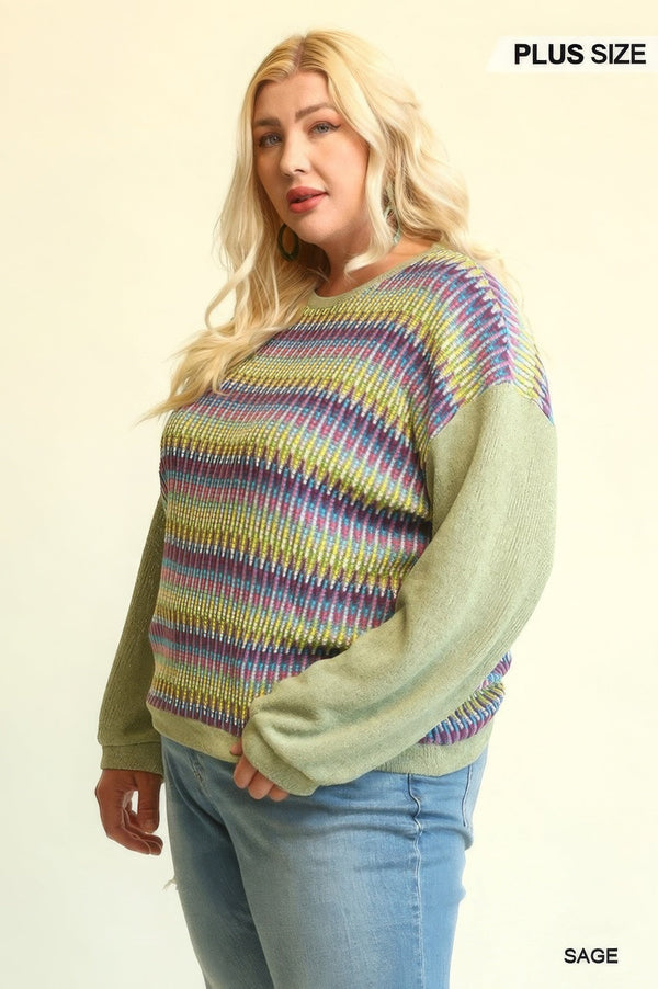 Novelty Knit And Solid Knit Mixed Loose Top With Drop Down Shoulder - Women's top - SmartBuyApparel