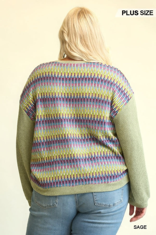 Novelty Knit And Solid Knit Mixed Loose Top With Drop Down Shoulder - Women's top - SmartBuyApparel