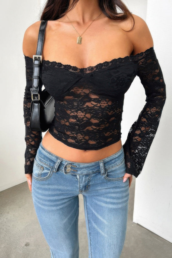 Off Shoulder Fitted Sheer Lace Long Sleeve Top - | SmartBuyApparel