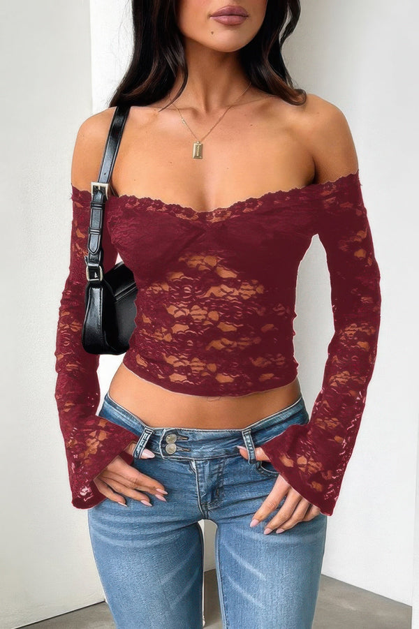 Off Shoulder Fitted Sheer Lace Long Sleeve Top - | SmartBuyApparel