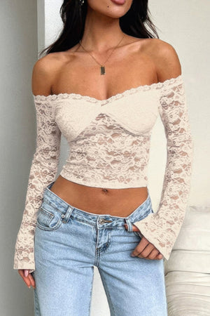 Off Shoulder Fitted Sheer Lace Long Sleeve Top - | SmartBuyApparel