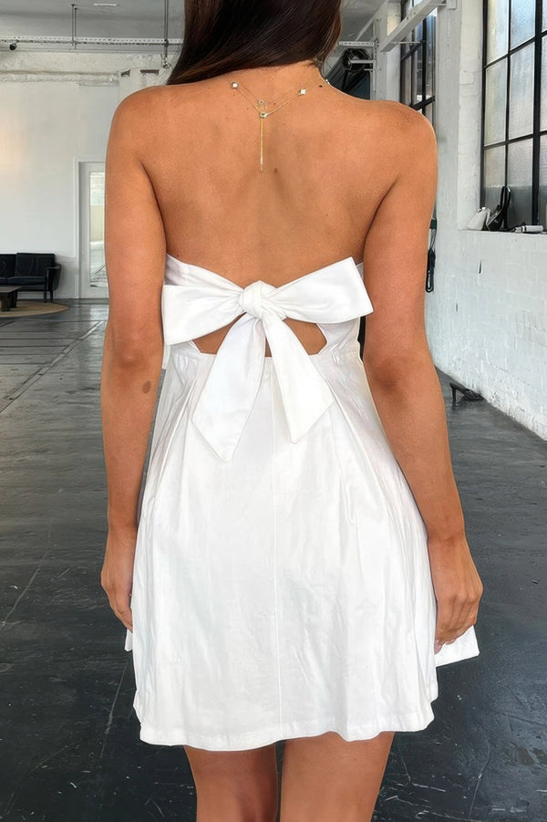 Off Shoulder Open Back Knot Pleated Mini Dress - SmartBuyApparel