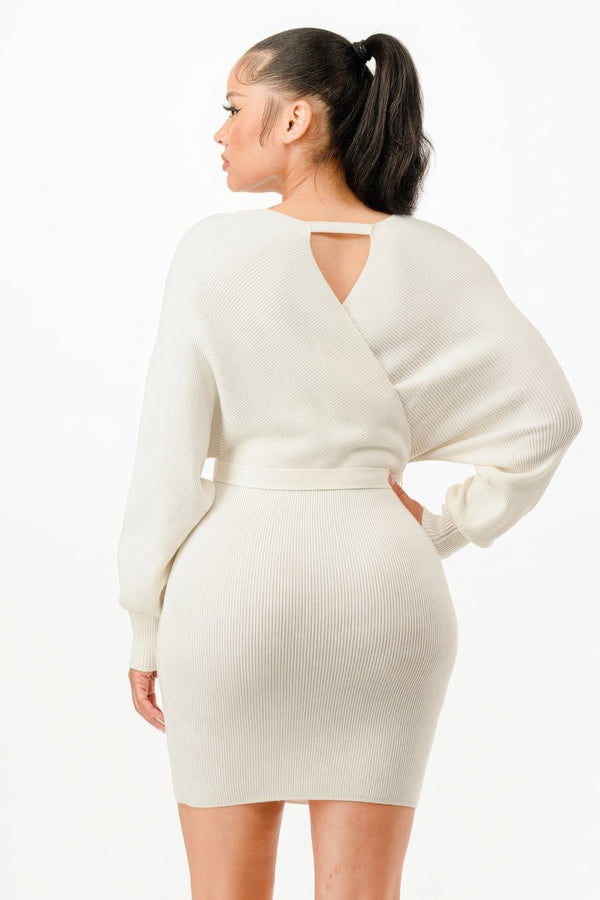 Off Shoulder Wrap Belted Ribbed Sweather Dress - | SmartBuyApparel