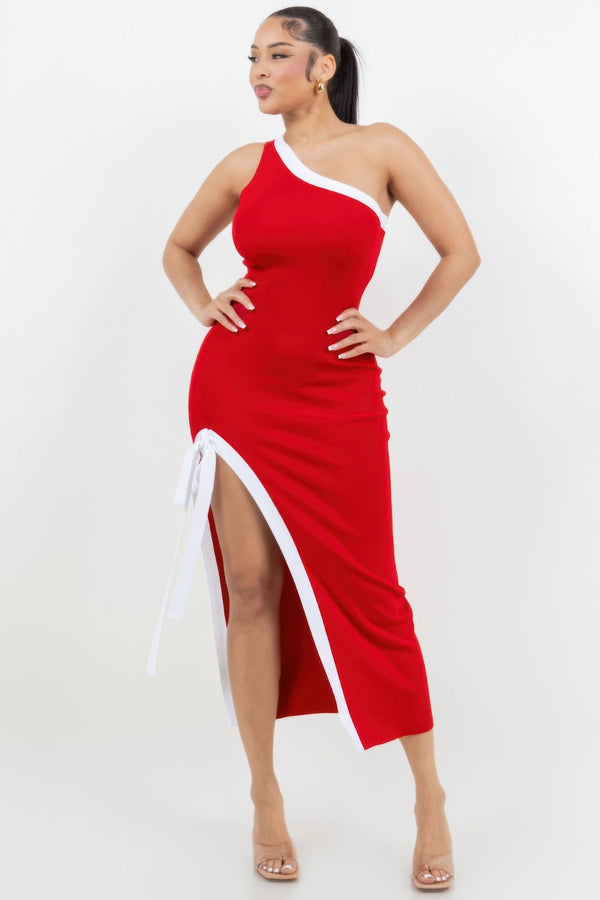One Shoulder Side Slit Tie - up Maxi Dress - Dress - SmartBuyApparel