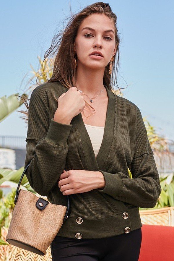 Overwrap Front Button Detail Long Sleeve Knit Top - Women's top - SmartBuyApparel