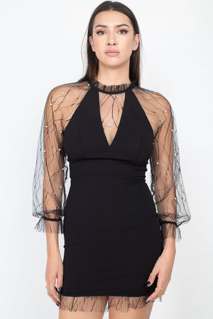 Pearl Trim Mesh Bodycon Dress - Dress - SmartBuyApparel