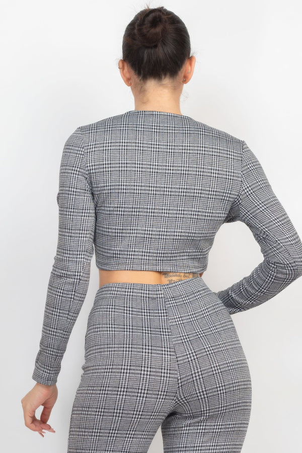 Plaid Cut - out Long Sleeve Top & Pants Set - Women's set - SmartBuyApparel