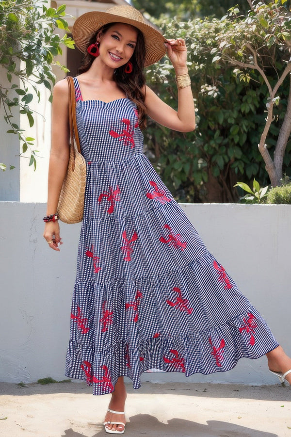 Plaid Lobster Print A Line Ruched Dress - | SmartBuyApparel