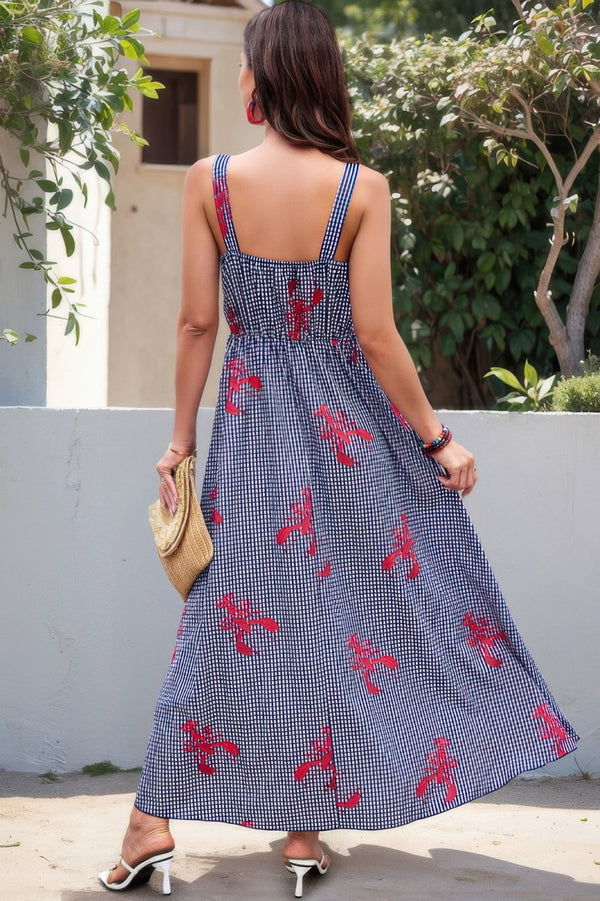 Plaid Lobster Print A Line Ruched Dress - | SmartBuyApparel