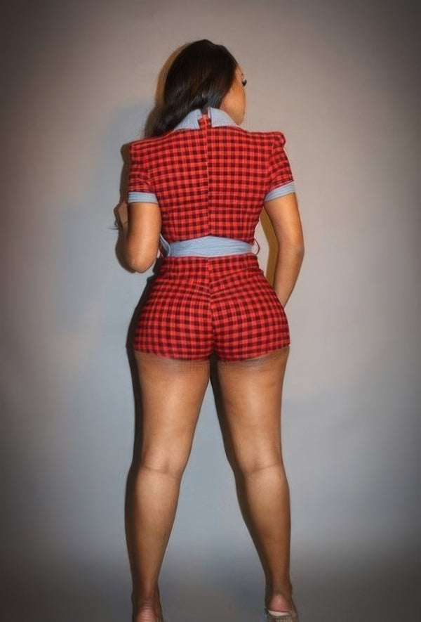 Plaid Print Denim Romper - Romper - SmartBuyApparel