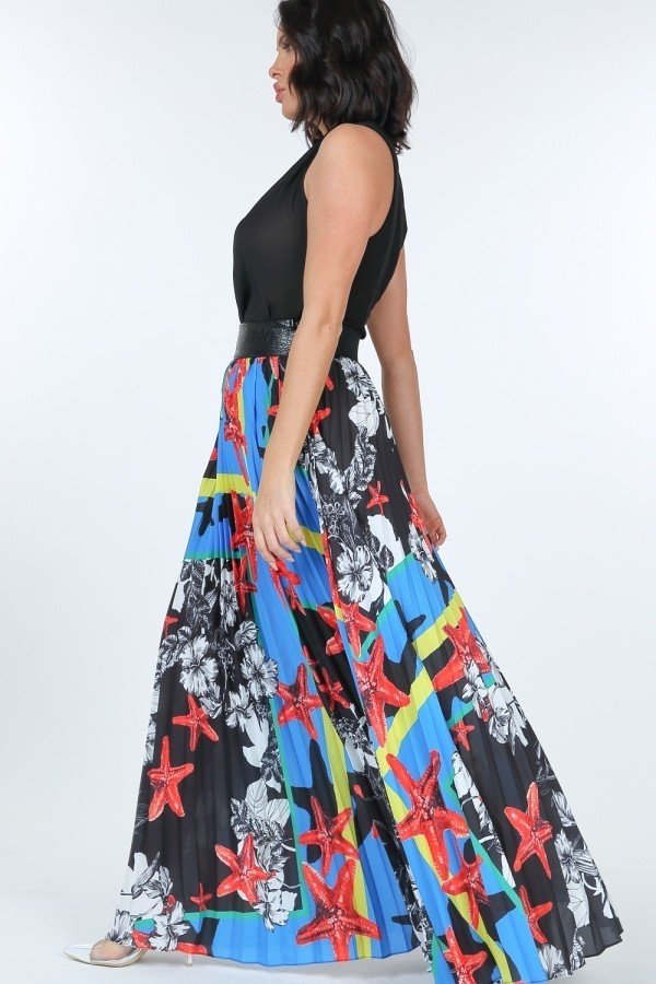 Pleated Print Maxi Skirt With Leather Waist Band - Skirt - SmartBuyApparel