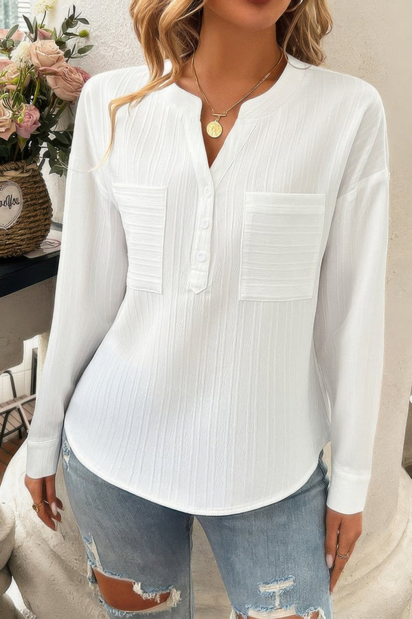 Pleated V Neck Pockets Button Drop Shoulder Blouse - | SmartBuyApparel