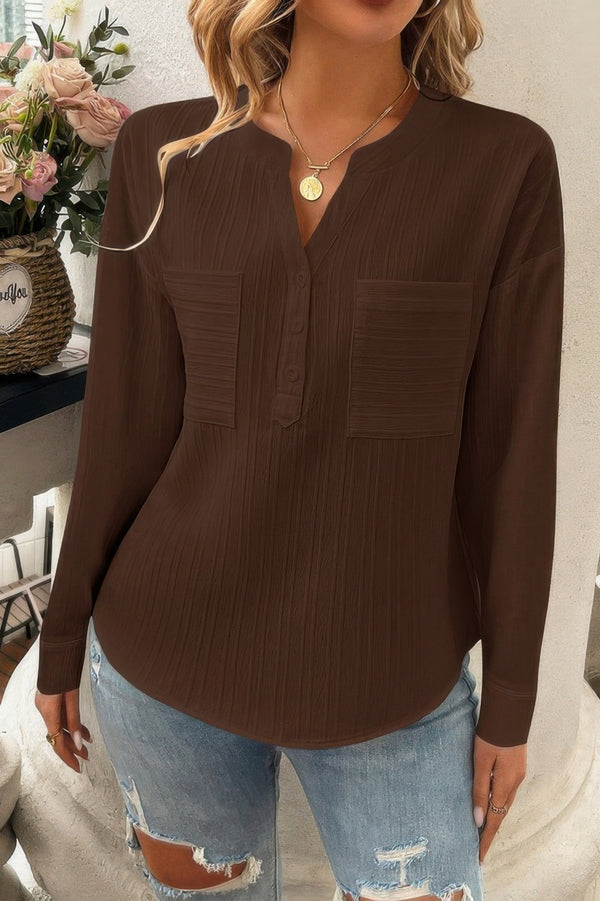 Pleated V Neck Pockets Button Drop Shoulder Blouse - | SmartBuyApparel
