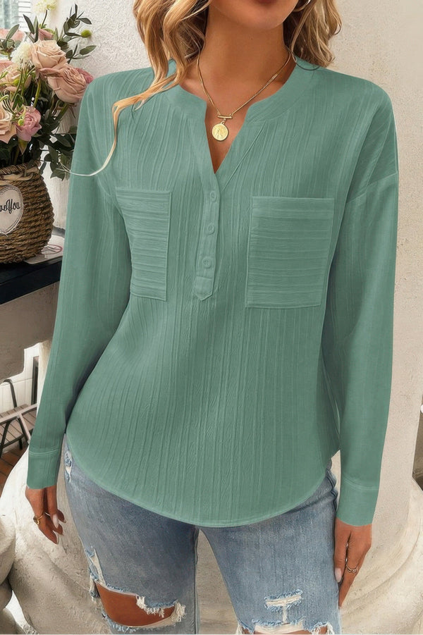 Pleated V Neck Pockets Button Drop Shoulder Blouse - | SmartBuyApparel
